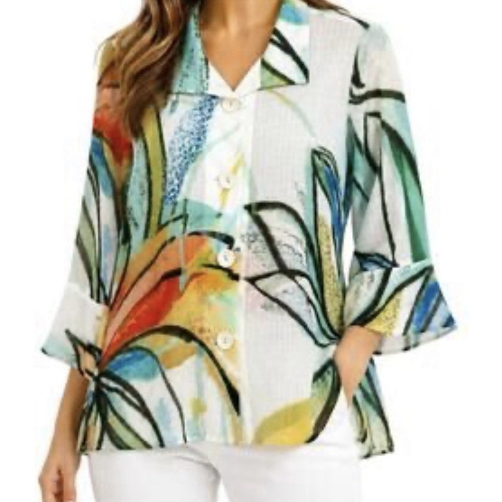 Ali Miles 2X Tunic Button Up Blouse Multicolor Tropical Floral Artsy Wire Collar